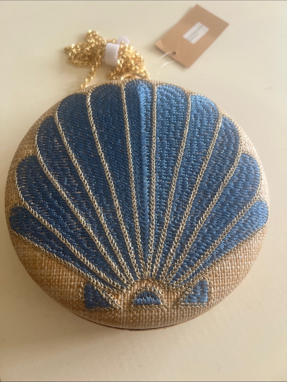 Blue Shell Embroidered Round Clutch/ Crossbody Bag with Gold Chain